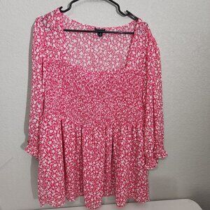Torrid Size 3 Blouse Top 3/4 Sleeve Pink White Floral Chiffon Smocked Babydoll